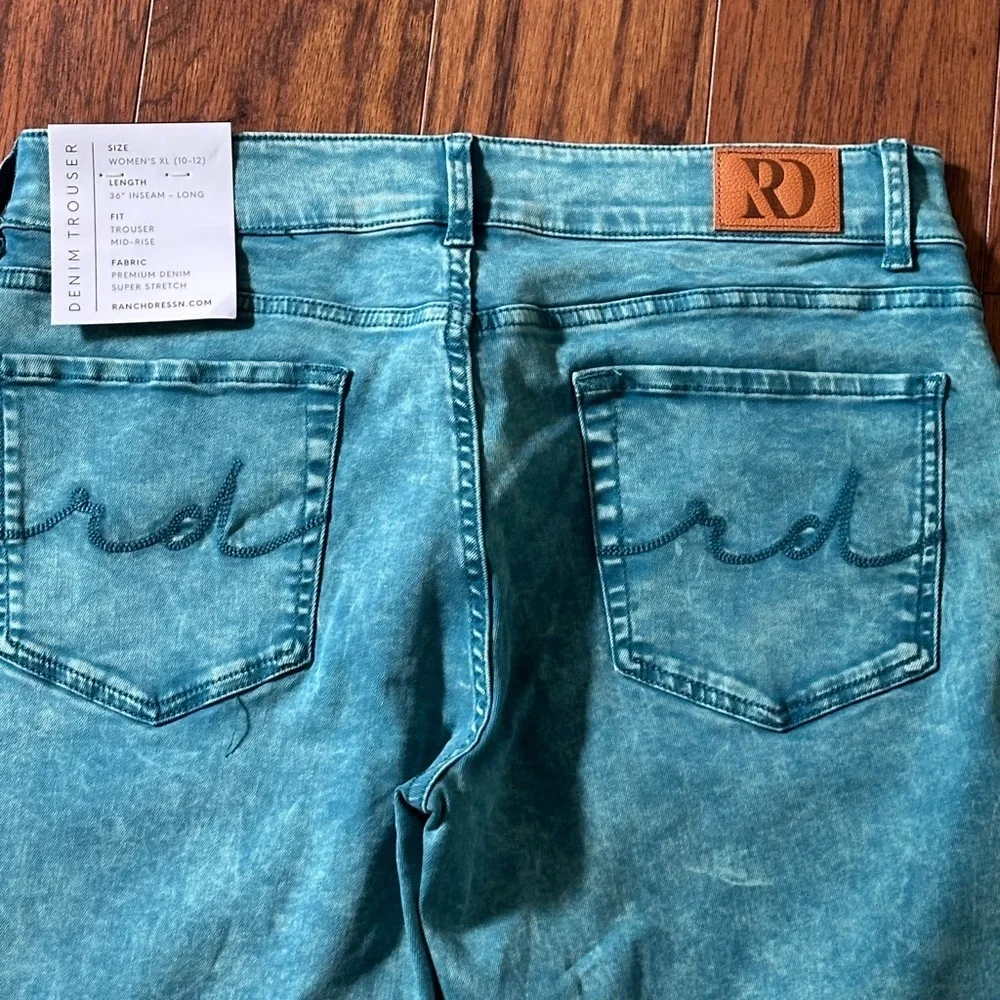 Green Flare Wide Leg Jeans with Decorative Detailing